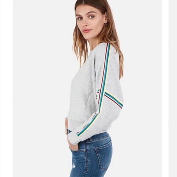 Express One Eleven Grey Rainbow Varsity Striped Dolman Sleeve Sweatshirt - Picture 1 of 9